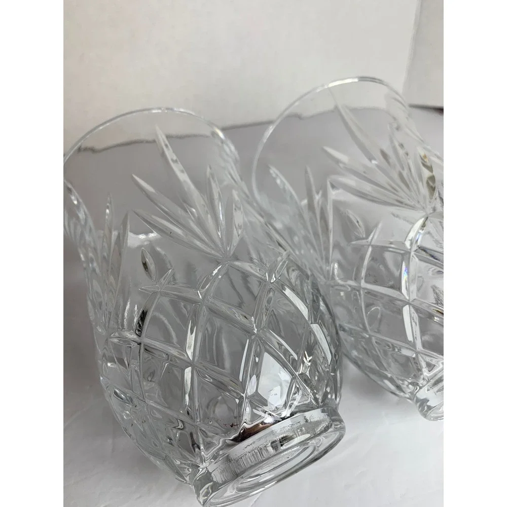 Vintage Clear‎ Cut Glass Hurricane Candle Shades Diamond Leaf Pattern Set of 2